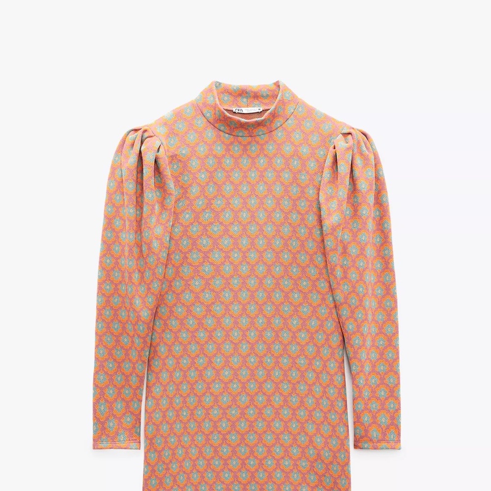 Zara Orange and Blue Patterned Long Sleeve Dress